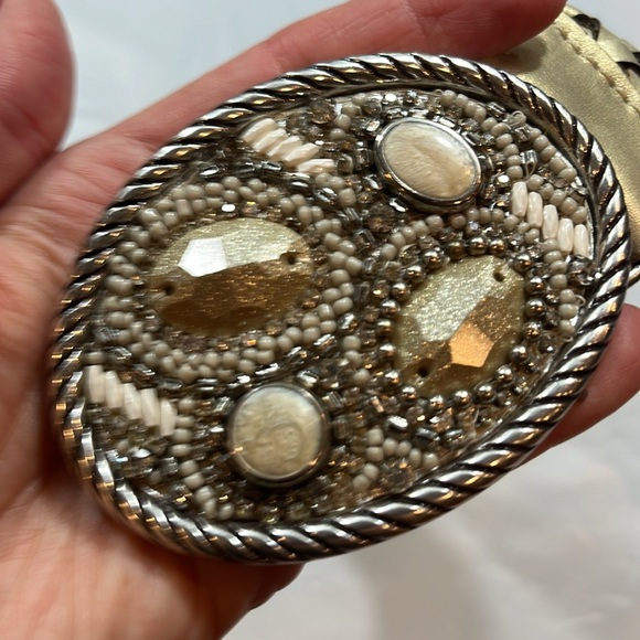 Chicos BLING beige white gem stone WIDE hook BELT beaded OVAL BUCKLE braided 41” - Picture 11 of 13